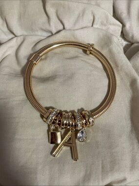Free People Gold Tone Initial A Charm Bracelet Pavé Crystal Snake Chain Jewelry